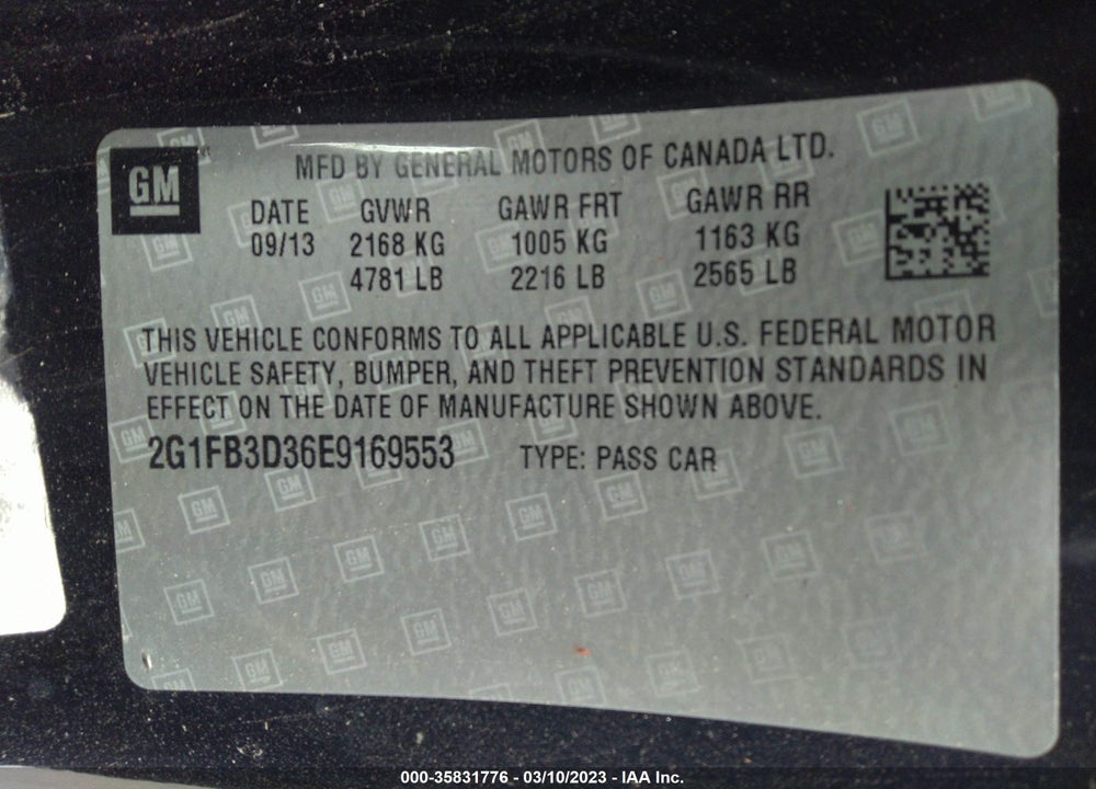 2014 CHEVROLET CAMARO 1LT VIN: 2G1FB3D36E9169553