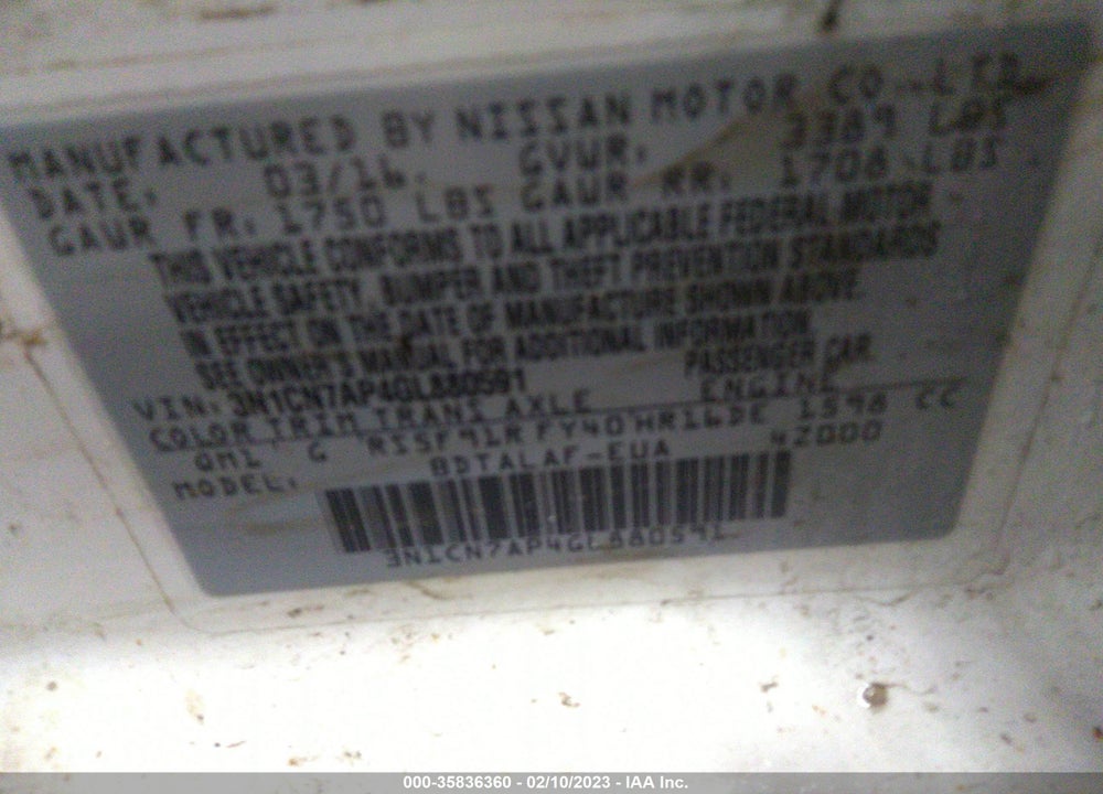 2016 NISSAN VERSA 1.6 S+ VIN: 3N1CN7AP4GL880591