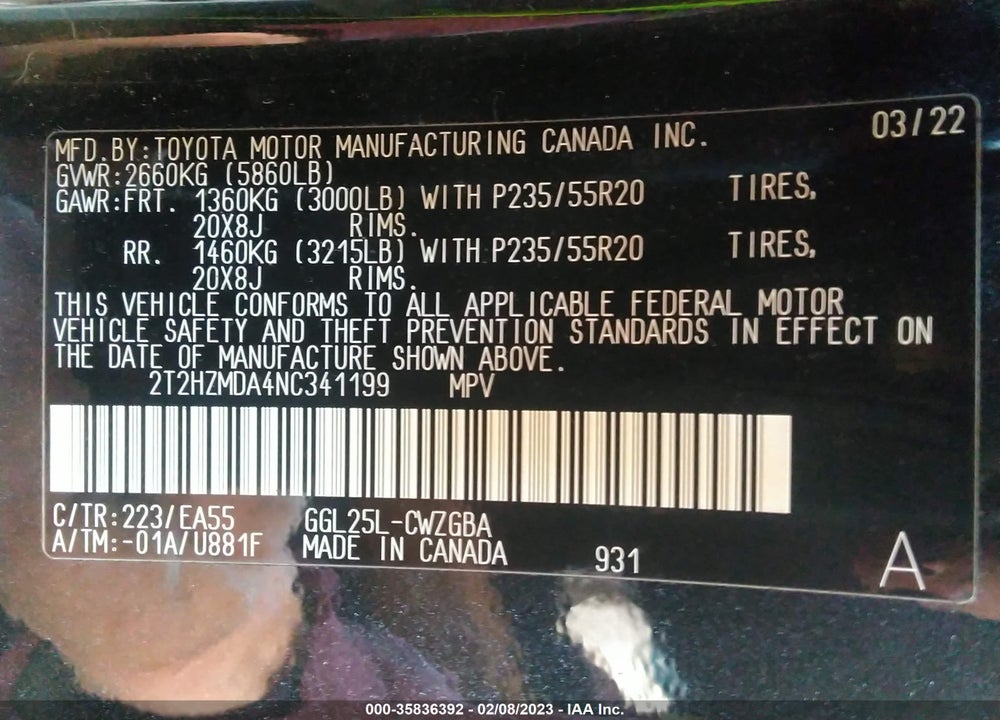 2022 LEXUS RX 350 VIN: 2T2HZMDA4NC341199