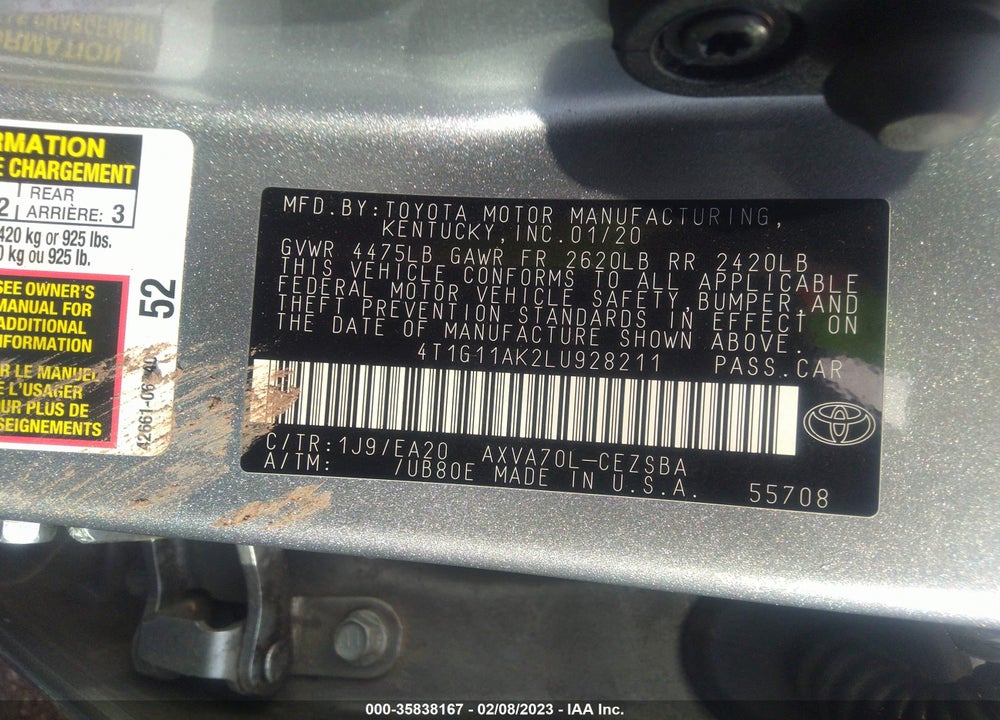 2020 TOYOTA CAMRY SE VIN: 4T1G11AK2LU928211