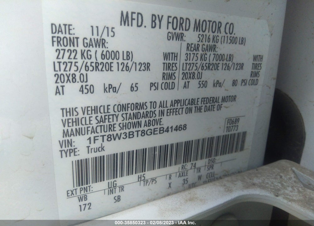2016 FORD F-350 LARIAT VIN: 1FT8W3BT8GEB41468