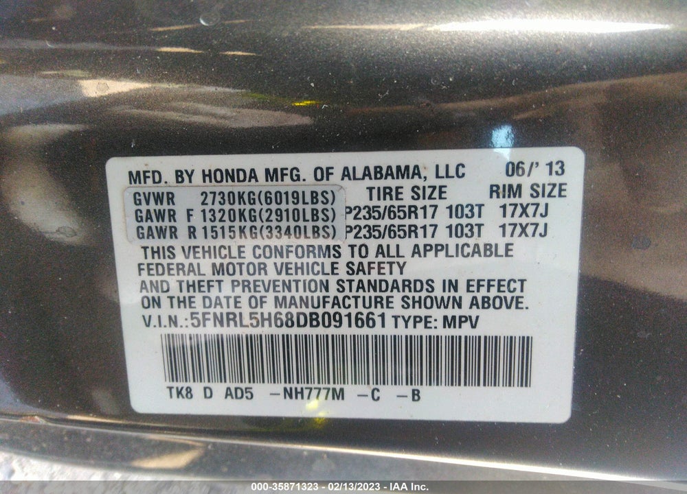 2013 HONDA ODYSSEY EX-L VIN: 5FNRL5H68DB091661