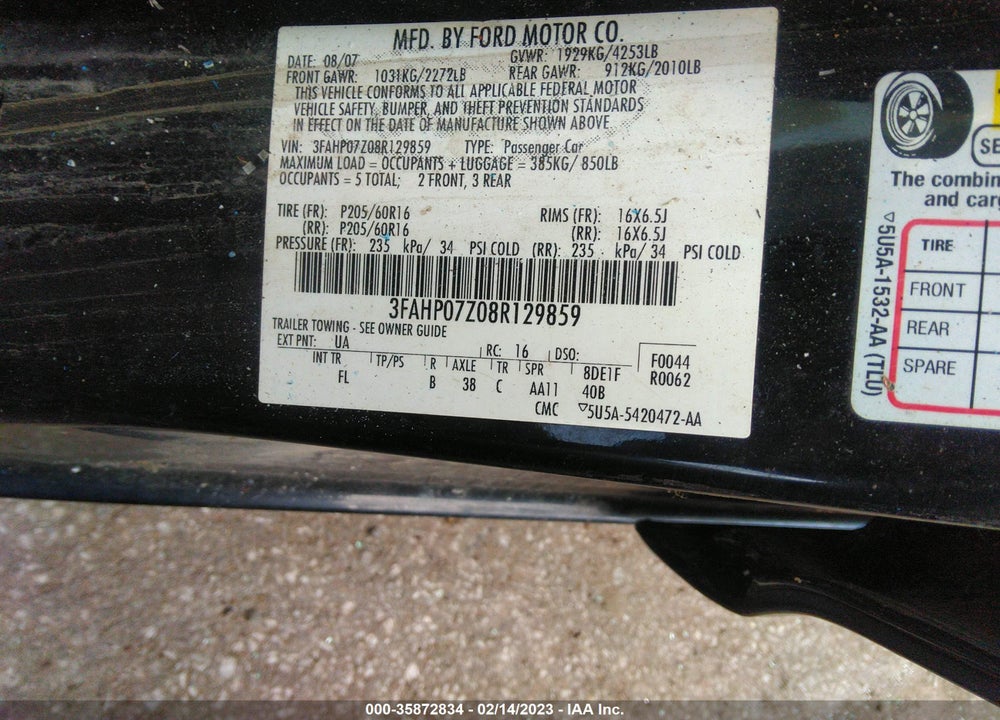 2008 FORD FUSION SE VIN: 3FAHP07Z08R129859