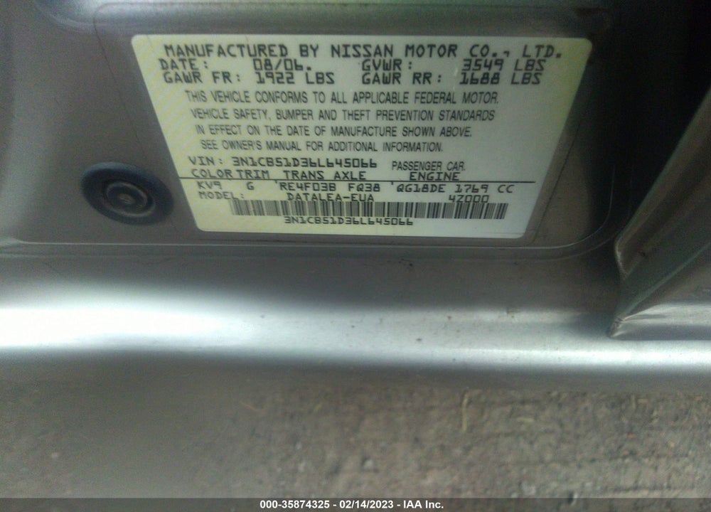 2006 NISSAN SENTRA VIN: 3N1CB51D36L645066