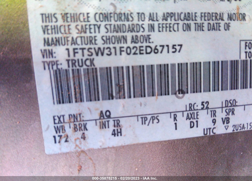 2002 FORD SUPER DUTY F-350 SRW XLT/LARIAT/XL VIN: 1FTSW31F02ED67157