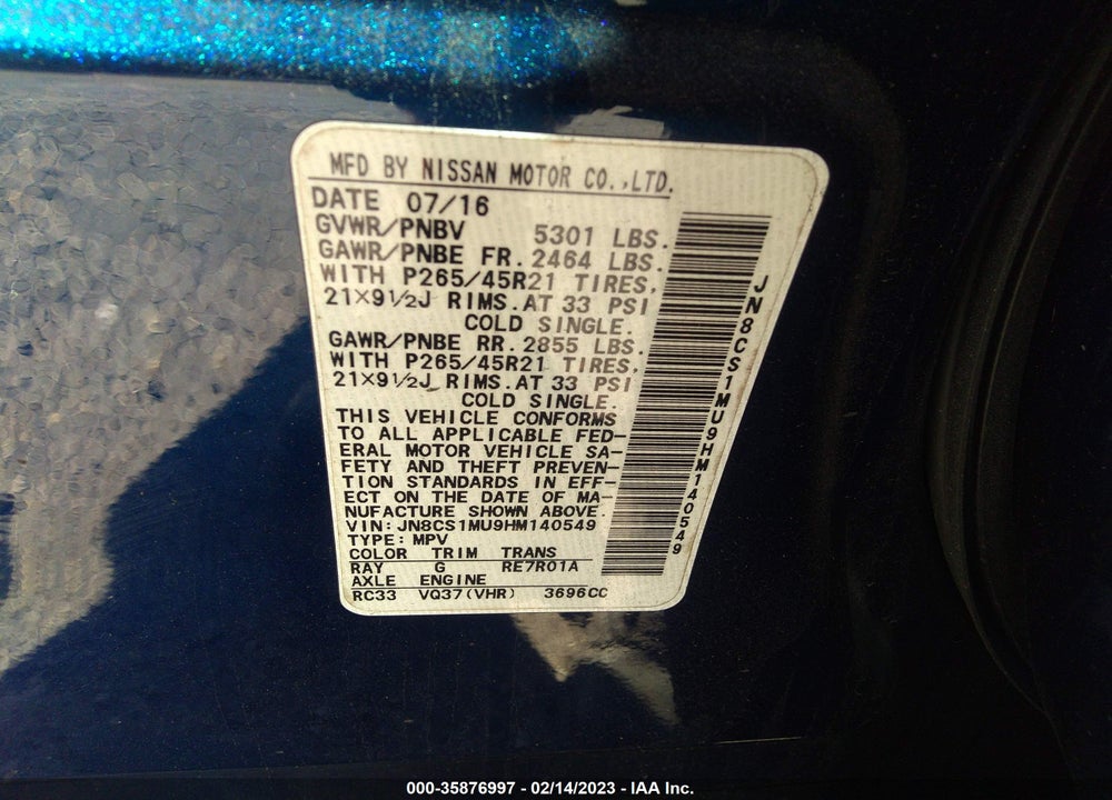 2017 INFINITI QX70 VIN: JN8CS1MU9HM140549