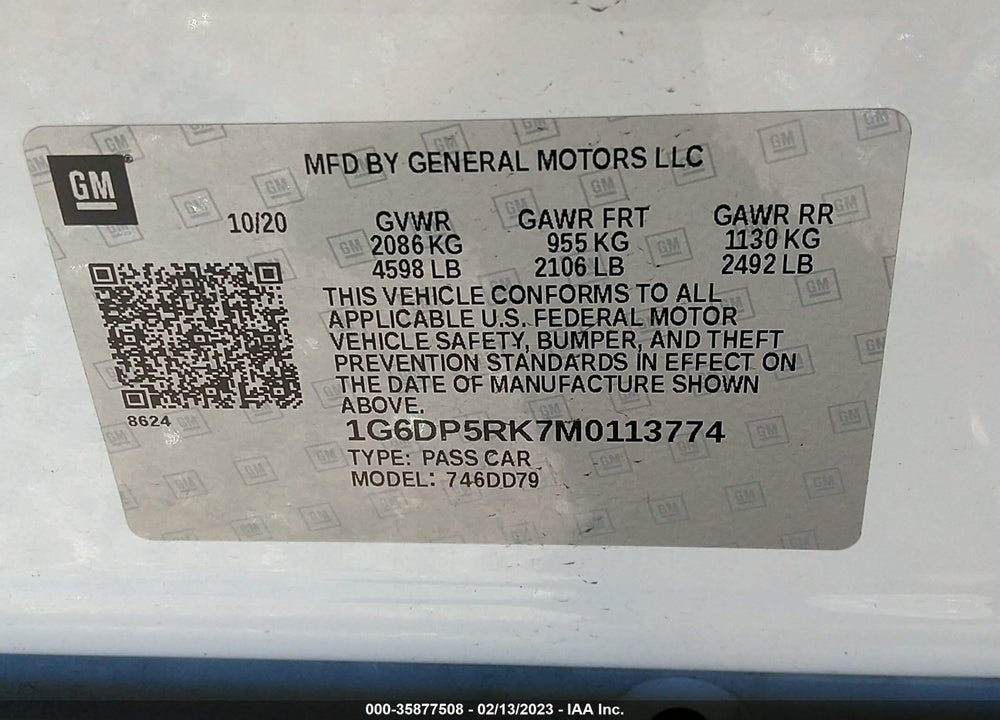 2021 CADILLAC CT5 SPORT VIN: 1G6DP5RK7M0113774