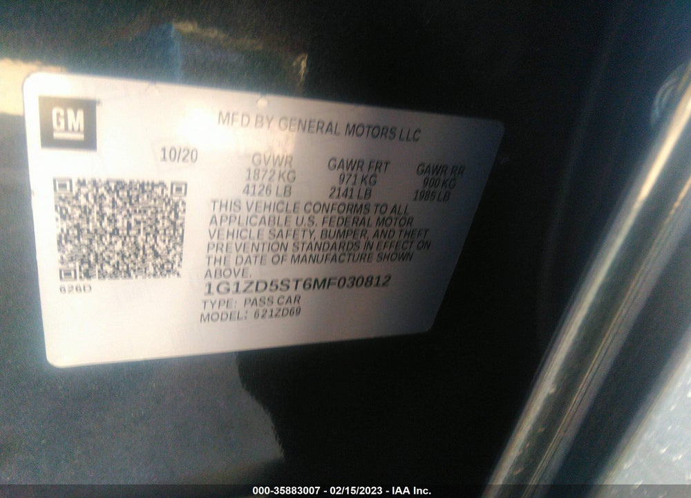 2021 CHEVROLET MALIBU FWD LT VIN: 1G1ZD5ST6MF030812