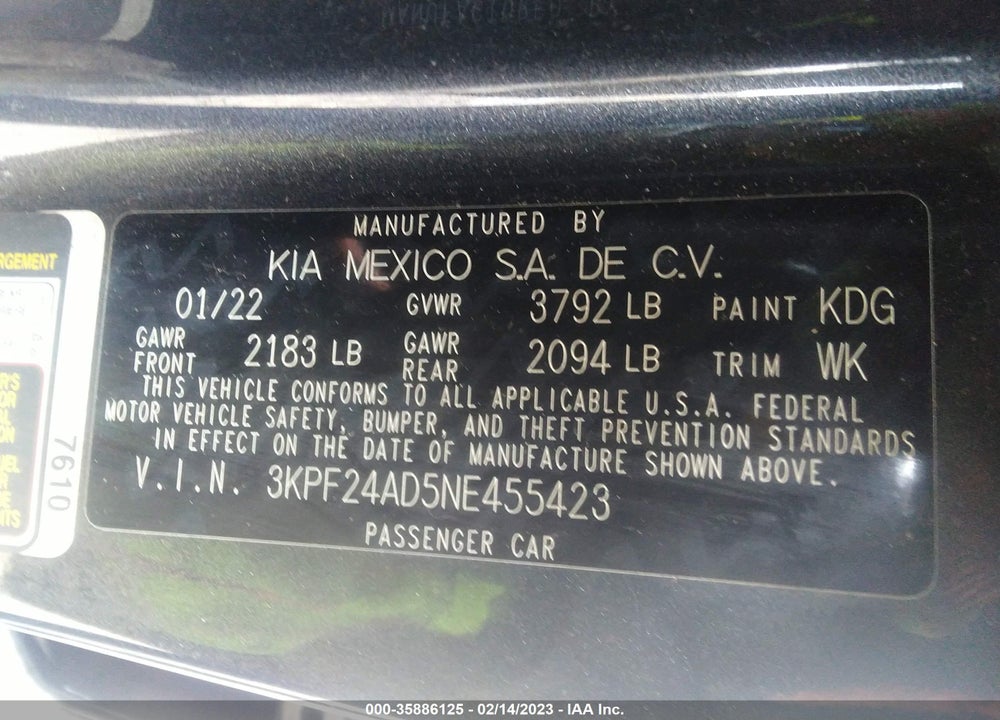 2022 KIA FORTE VIN: 3KPF24AD5NE455423