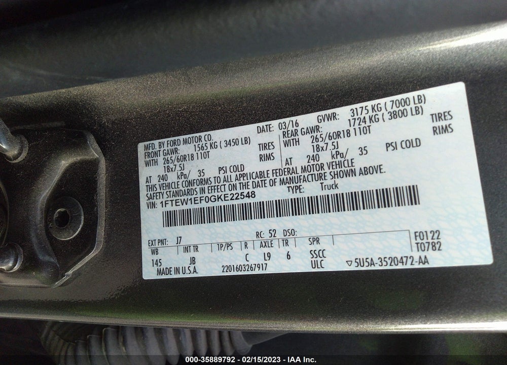 2016 FORD F-150 XLT VIN: 1FTEW1EF0GKE22548