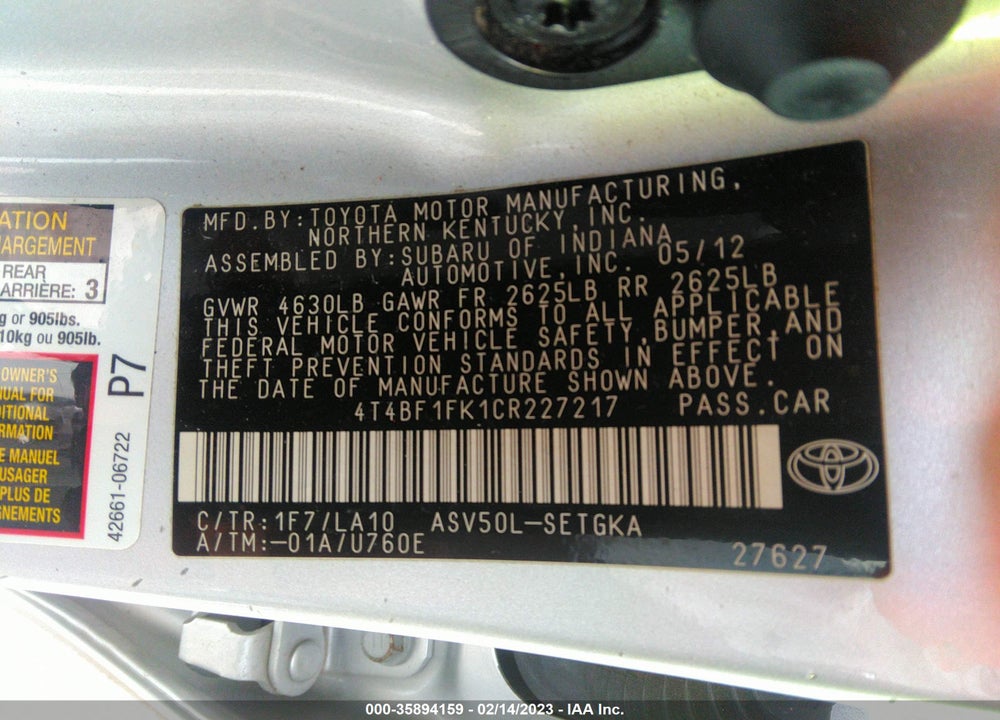 2012 TOYOTA CAMRY XLE VIN: 4T4BF1FK1CR227217