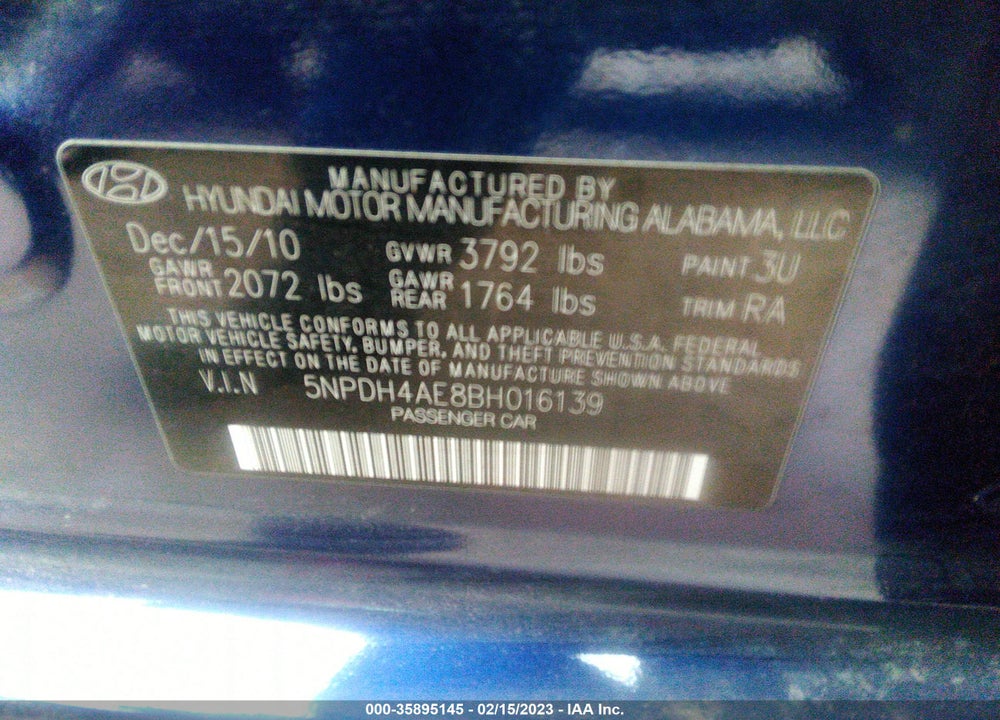 2011 HYUNDAI ELANTRA LIMITED VIN: 5NPDH4AE8BH016139
