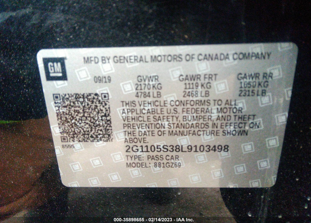 2020 CHEVROLET IMPALA FWD PREMIER VIN: 2G1105S38L9103498