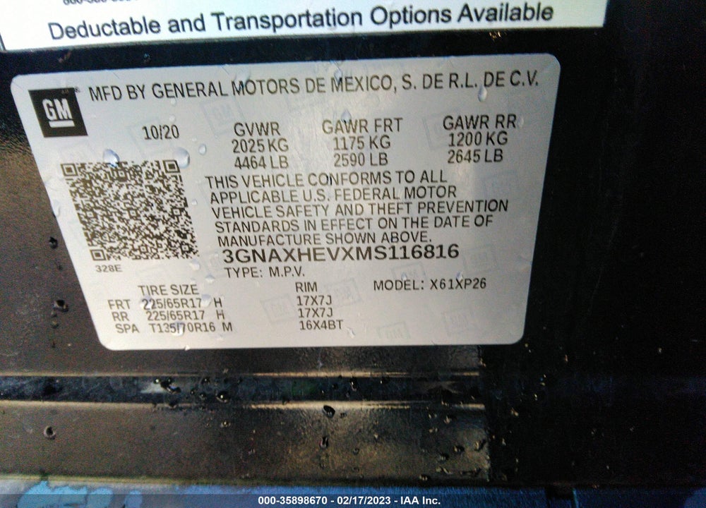 2021 CHEVROLET EQUINOX FWD LS VIN: 3GNAXHEVXMS116816