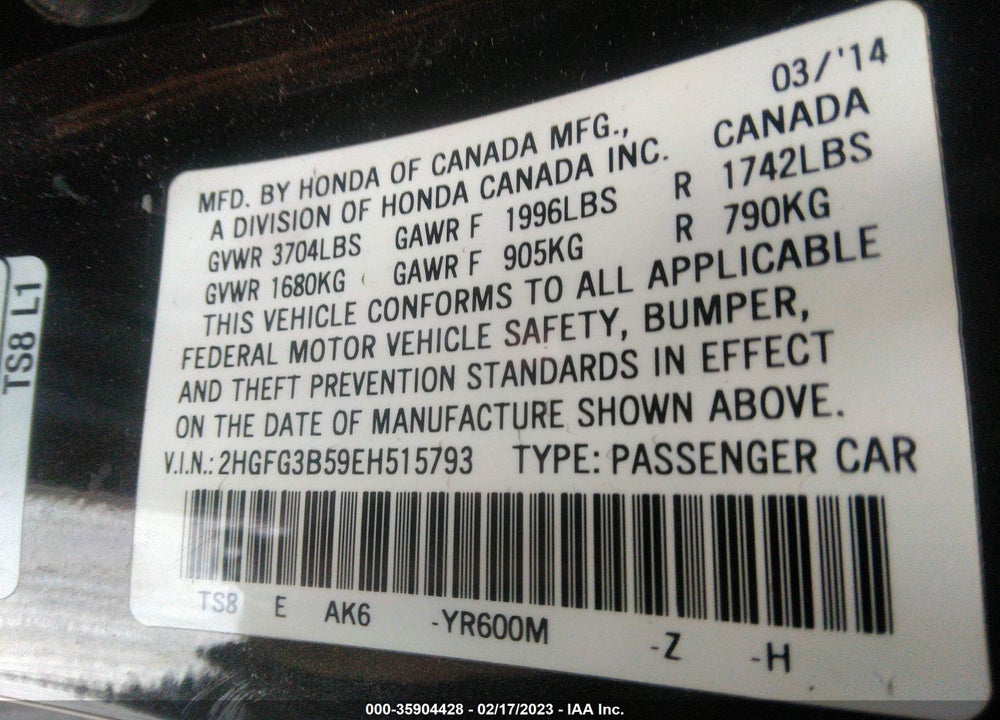 2014 HONDA CIVIC LX VIN: 2HGFG3B59EH515793