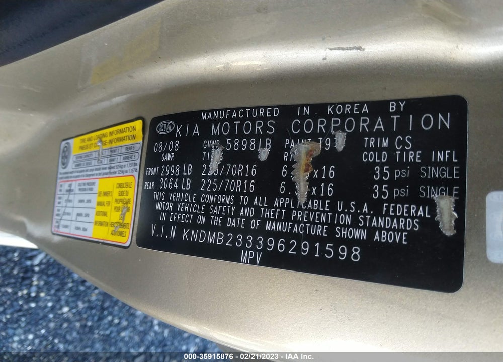 2009 KIA SEDONA LX VIN: KNDMB233396291598