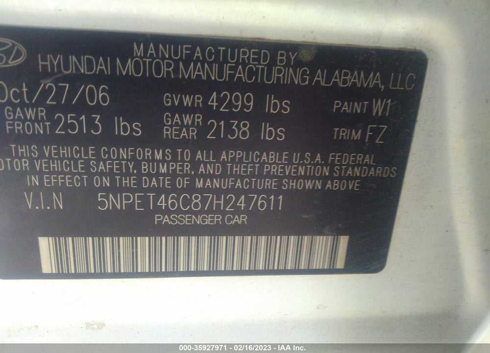 2007 HYUNDAI SONATA VIN: 5NPET46C87H247611