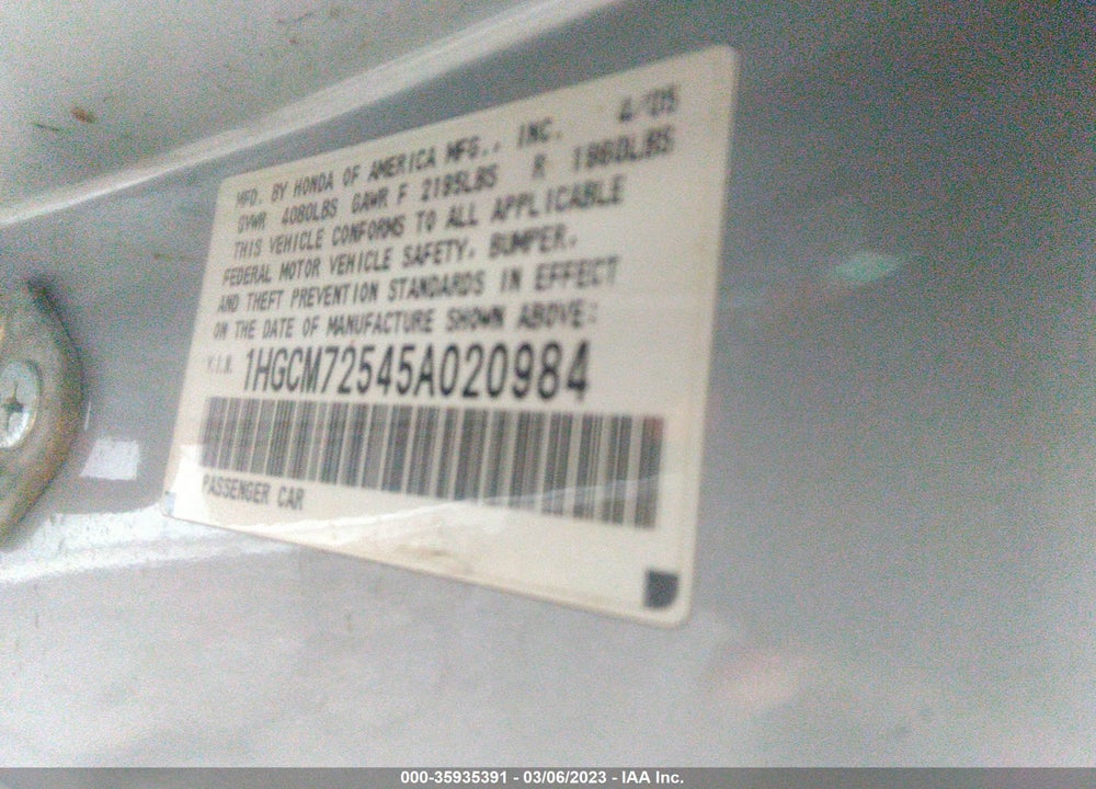 2005 HONDA ACCORD 2.4 LX SPECIAL EDITION VIN: 1HGCM72545A020984