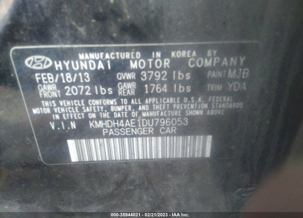 2013 HYUNDAI ELANTRA VIN: KMHDH4AE1DU796053