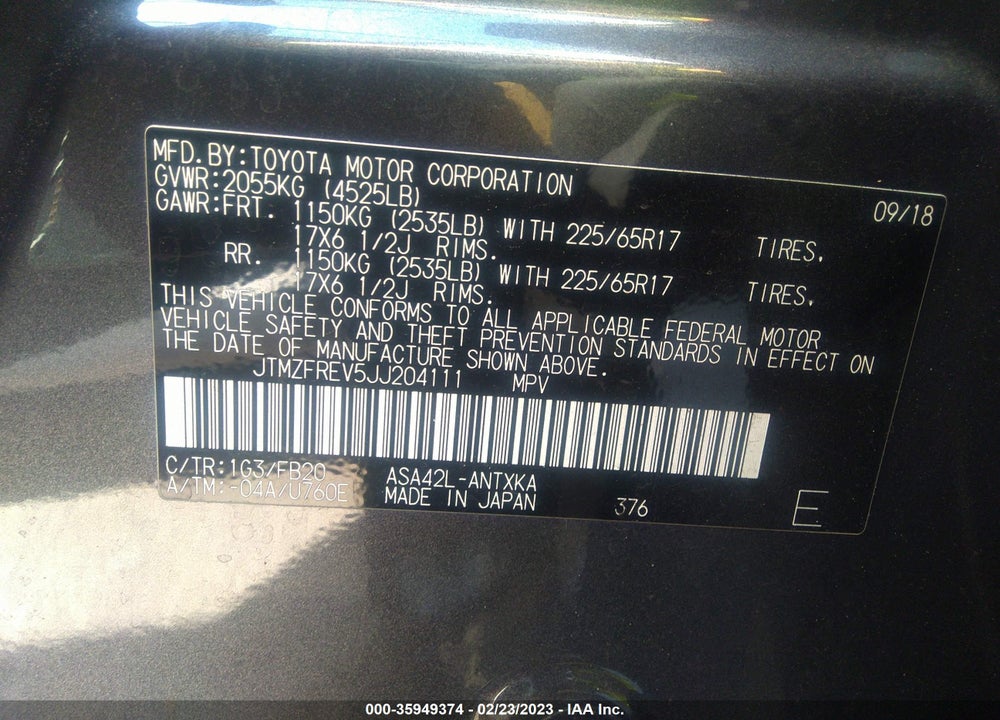 2018 TOYOTA RAV4 LE VIN: JTMZFREV5JJ204111