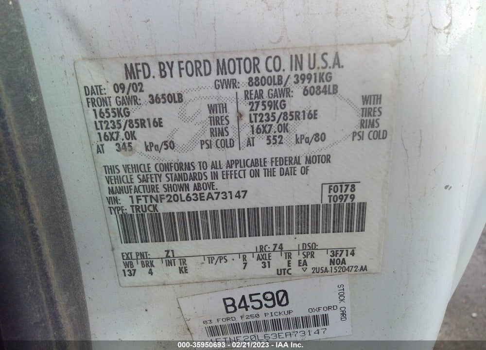2003 FORD F-250 XL/XLT VIN: 1FTNF20L63EA73147