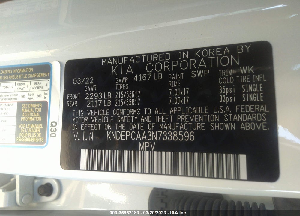 2022 KIA SELTOS LX VIN: KNDEPCAA3N7338596