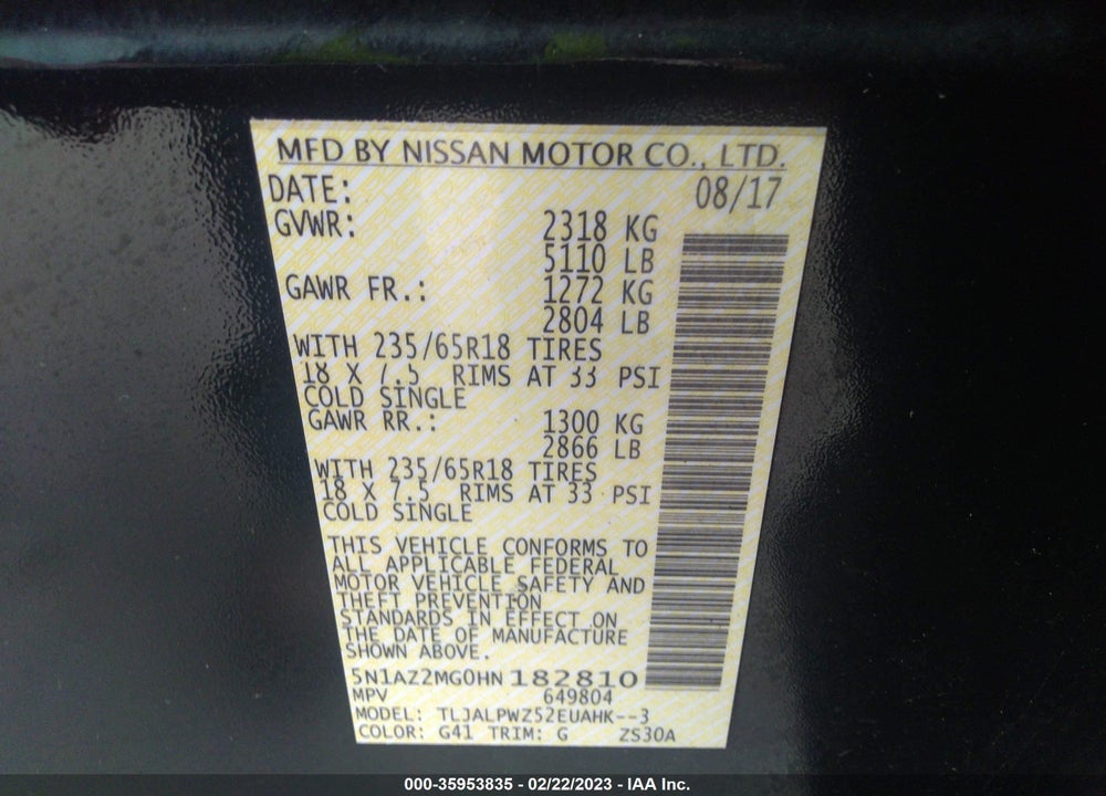 2017 NISSAN MURANO S VIN: 5N1AZ2MG0HN182810