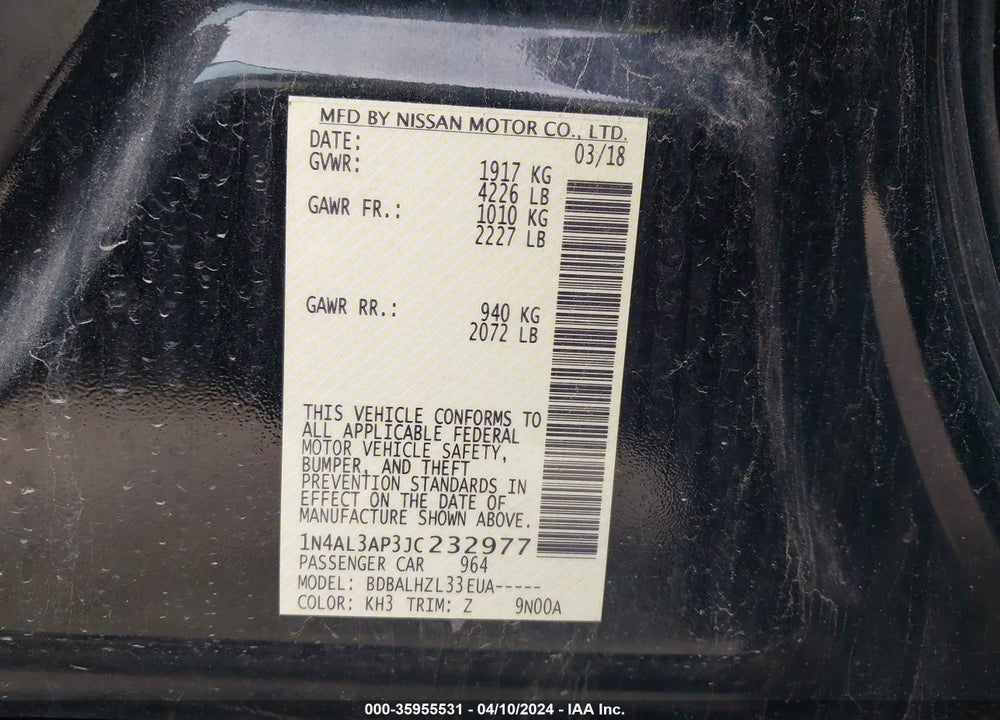 2018 NISSAN ALTIMA 2.5 SR VIN: 1N4AL3AP3JC232977