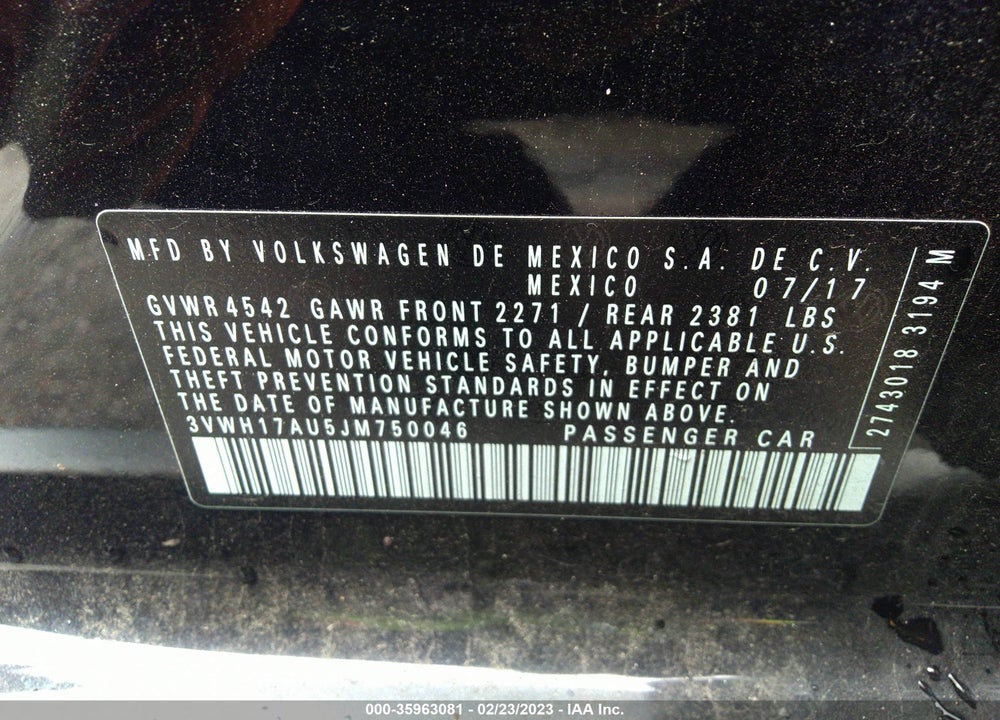 2018 VOLKSWAGEN GOLF ALLTRACK TSI S/TSI SE/TSI SEL VIN: 3VWH17AU5JM750046