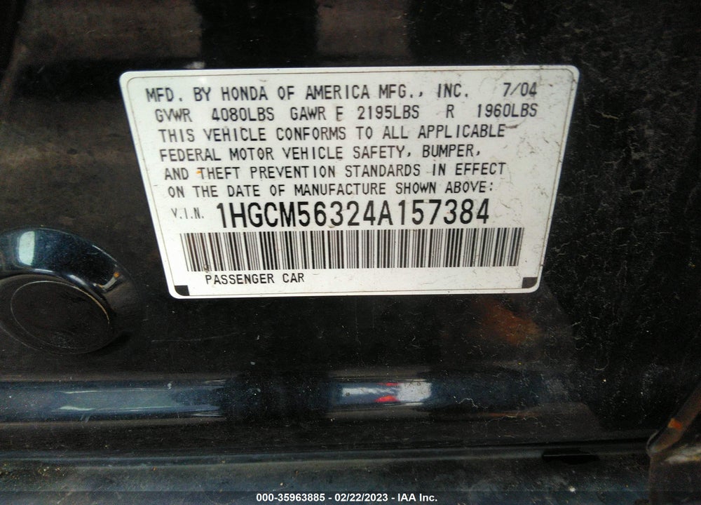 2004 HONDA ACCORD VIN: 1HGCM56324A157384