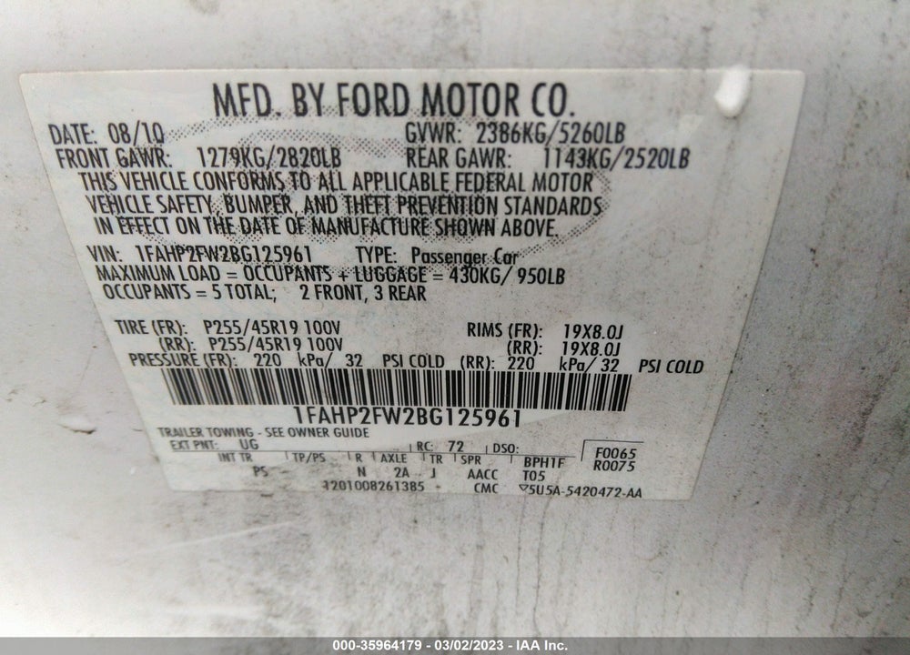 2011 FORD TAURUS LIMITED VIN: 1FAHP2FW2BG125961