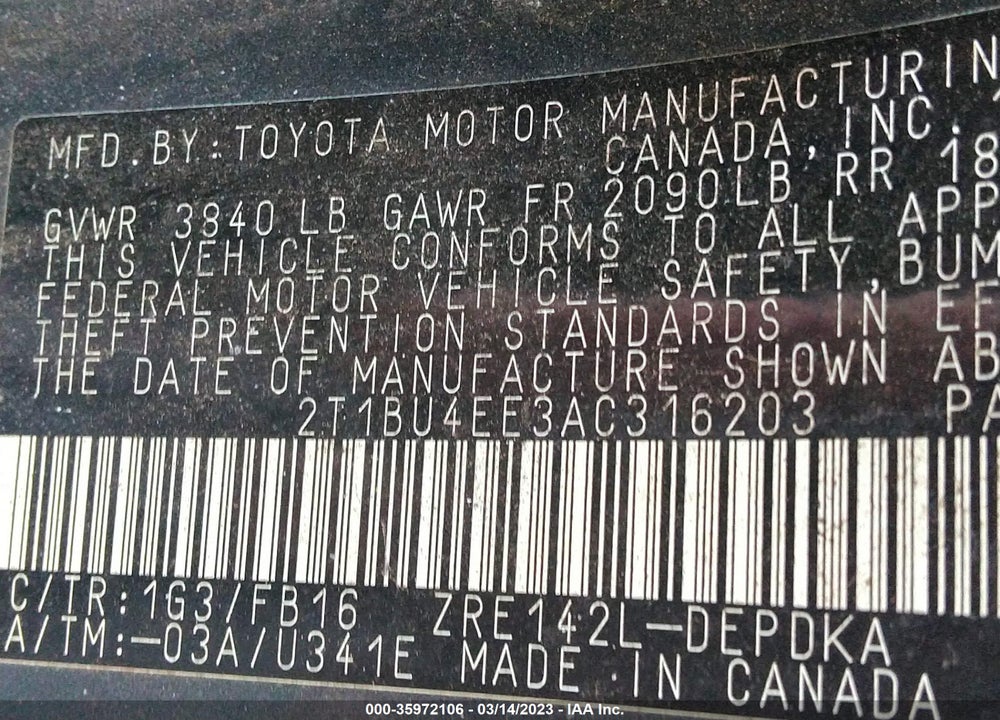 2010 TOYOTA COROLLA VIN: 2T1BU4EE3AC316203