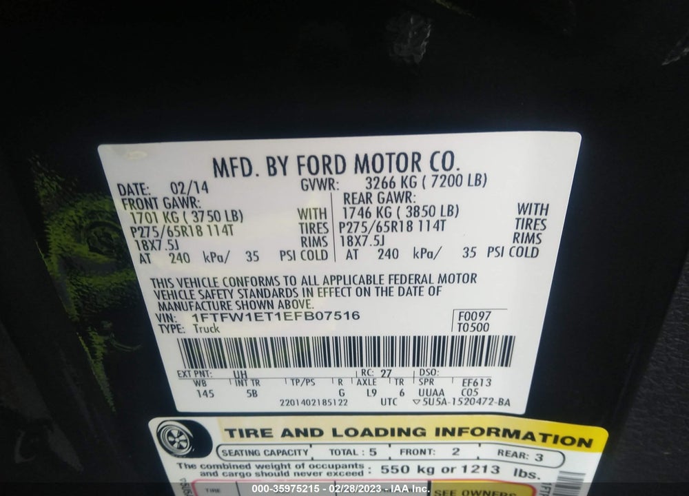 2014 FORD F-150 FX4 VIN: 1FTFW1ET1EFB07516