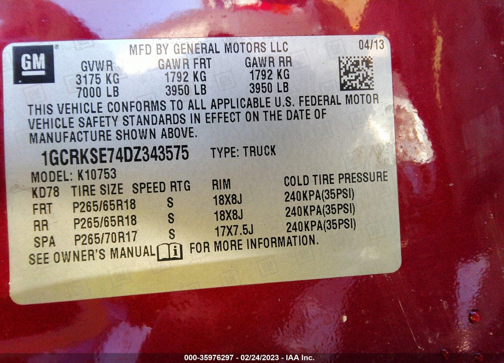 2013 CHEVROLET SILVERADO 1500 LT VIN: 1GCRKSE74DZ343575