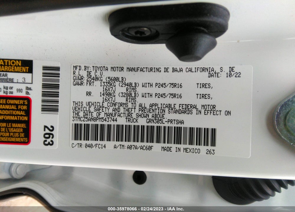 2023 TOYOTA TACOMA VIN: 3TMCZ5AN8PM543744