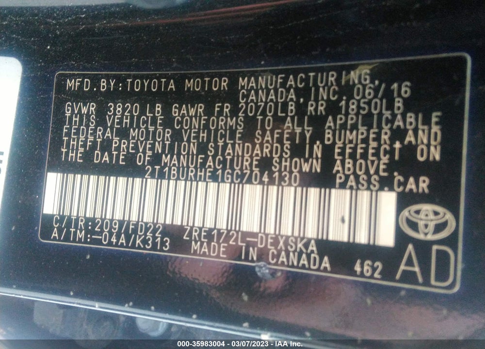 2016 TOYOTA COROLLA S PLUS VIN: 2T1BURHE1GC704130