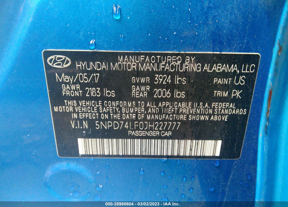 2018 HYUNDAI ELANTRA SE VIN: 5NPD74LF0JH227777