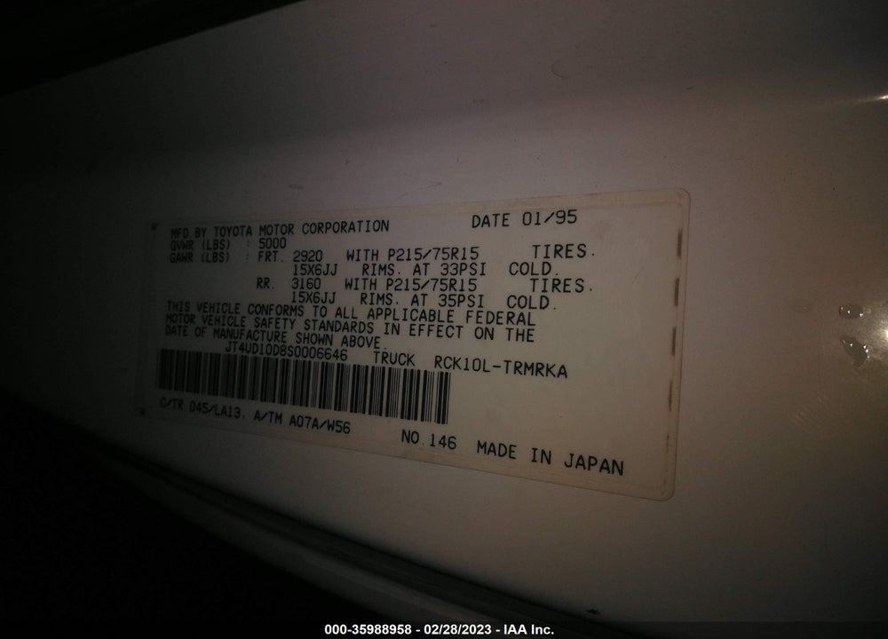 1995 TOYOTA T100 VIN: JT4UD10D8S0006646