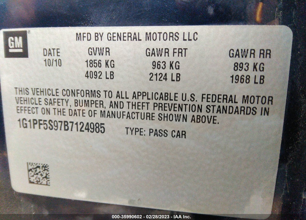 2011 CHEVROLET CRUZE 1LT VIN: 1G1PF5S97B7124985