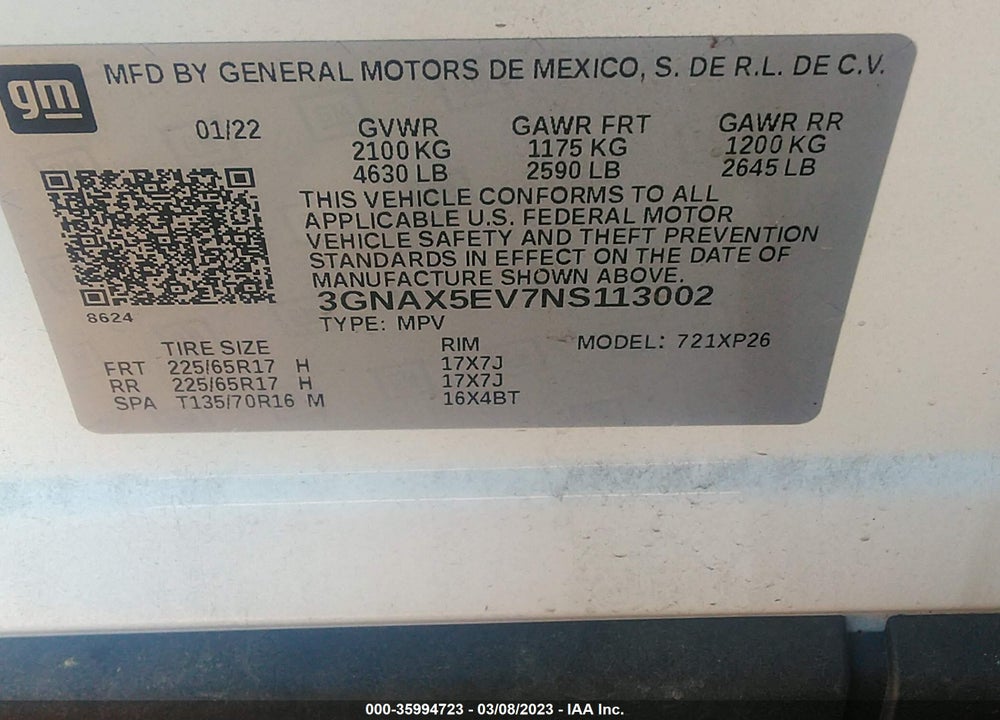 2022 CHEVROLET EQUINOX AWD 1FL VIN: 3GNAX5EV7NS113002