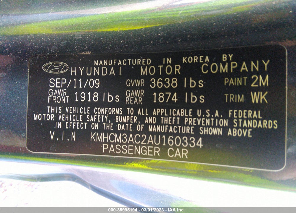 2010 HYUNDAI ACCENT GS VIN: KMHCM3AC2AU160334