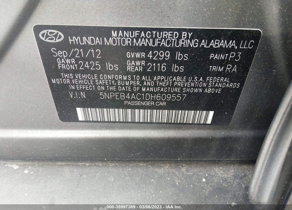 2013 HYUNDAI SONATA GLS VIN: 5NPEB4AC1DH609557