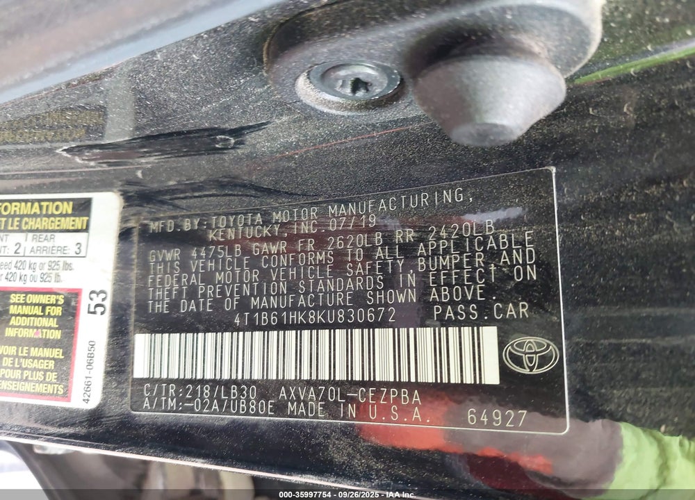 2019 TOYOTA CAMRY VIN: 4T1B61HK8KU830672
