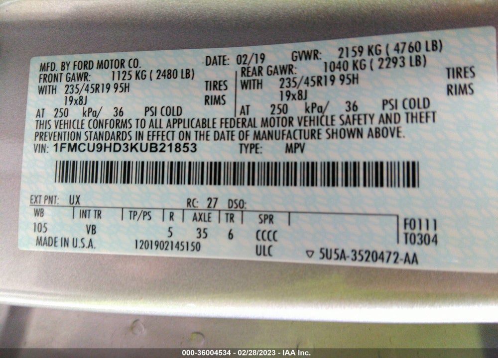 2019 FORD ESCAPE SEL VIN: 1FMCU9HD3KUB21853