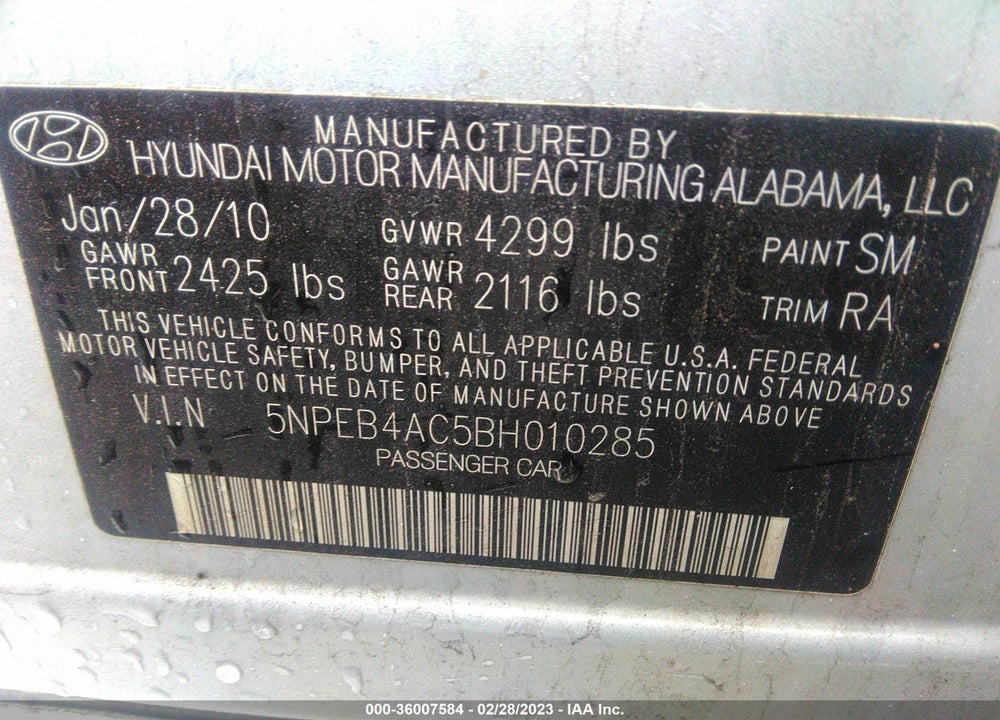 2011 HYUNDAI SONATA VIN: 5NPEB4AC5BH010285