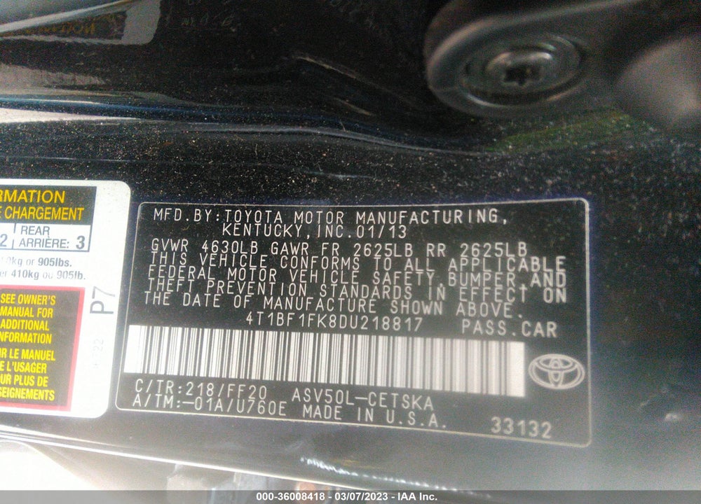 2013 TOYOTA CAMRY SE VIN: 4T1BF1FK8DU218817