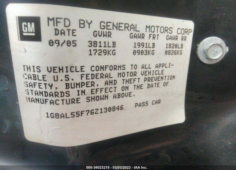 2006 SATURN ION VIN: 1G8AL55F76Z130846