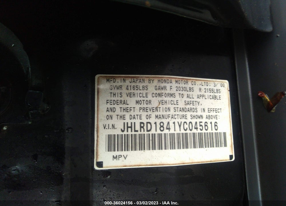 2000 HONDA CR-V LX VIN: JHLRD1841YC045616