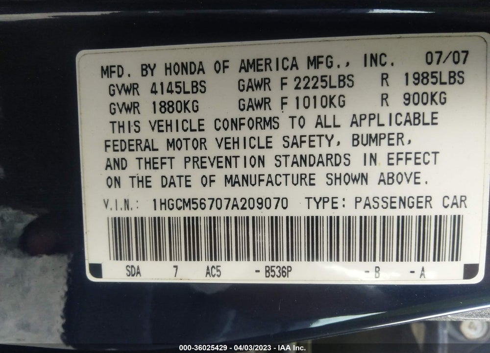 2007 HONDA ACCORD SDN VIN: 1HGCM56707A209070