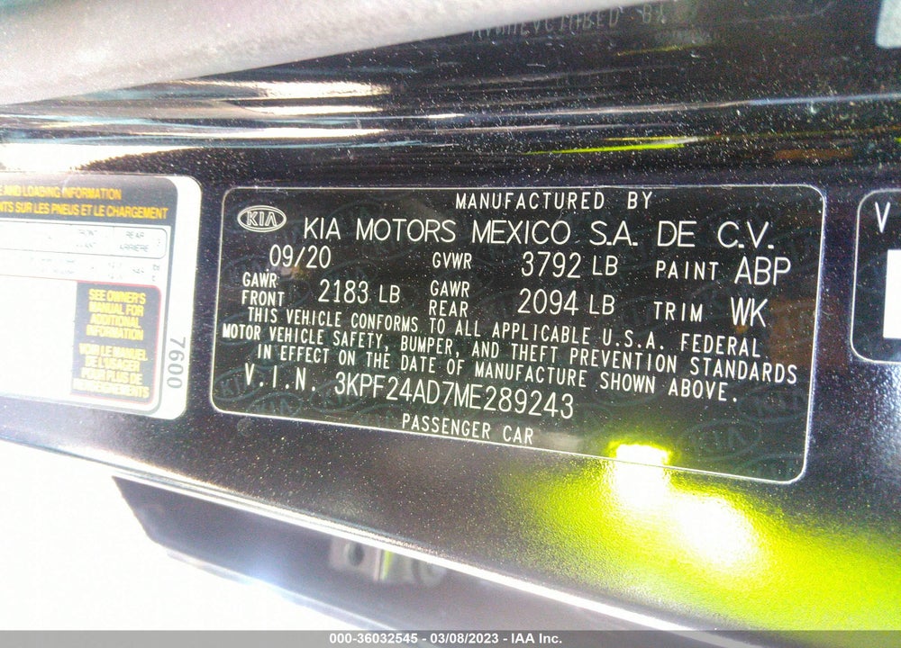 2021 KIA FORTE FE VIN: 3KPF24AD7ME289243